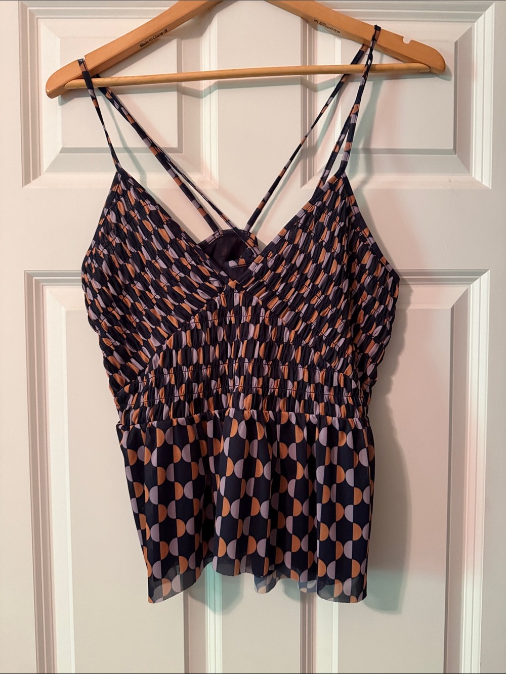 Anthropologie Navy & Tan Geometric Smocked Cami